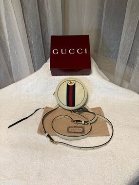 Vintage Gucci Cream Leather Round Backpack with Red and Blue Web Stripe